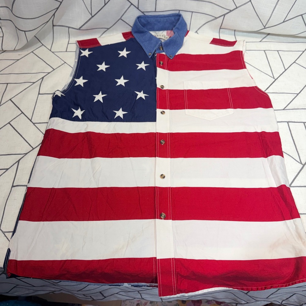 Roper Sleeveless Shirt Large Red White Blue American Flag Patriotic Button Up - Picture 3 of 7
